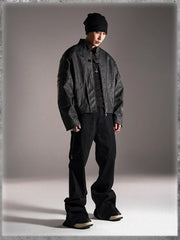 Y2K Vintage Short Distressed Black Faux Leather Jacket