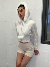 Y2K White Plush Crop Zip Up Hoodie