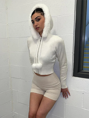 Y2K White Plush Crop Zip Up Hoodie