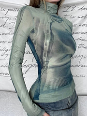 Y2K Womens Long Sleeve Turtle Neck Graphic Top