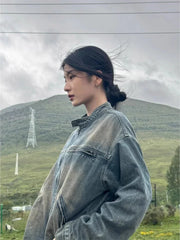 Y2K Womens Zip Up Washed Denim Jacket