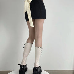 Black Ribbon & White Lace Socks