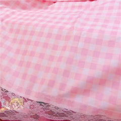 Pink Plaid Pompom Desk Tablecloth