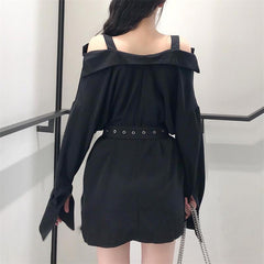 'Damnation' Black Alt Grunge Belted Shirt Dress