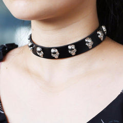 Goth 'Built for This' Black PU Leather Skull Stud Choker