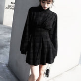 'Reap your Sorrow' Black and Grey Plaid Long Puff Sleeved Dress