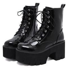 'Omen' Patent Black Lace up Platform Boots