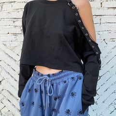 'Deception' Black Grunge Long Sleeve Chain Top