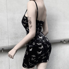 'Flutter' Black Velour Butterfly Strappy Dress