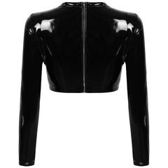 'Rebound' Black Patent Faux Leather Buckle Top