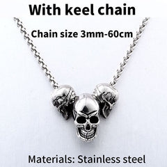 Goth 'Bangin Heads' Stainless Skull Steel Pendant Rope Necklace