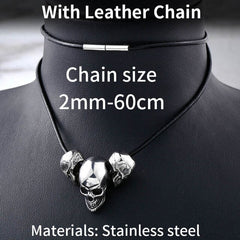 Goth 'Bangin Heads' Stainless Skull Steel Pendant Rope Necklace