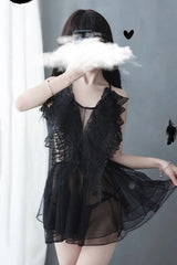 'Devil Beside You' Black Wing Mesh Lingerie Night Dress