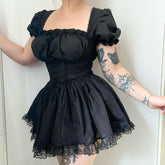 'Run Away' Black Puff Lace Dress
