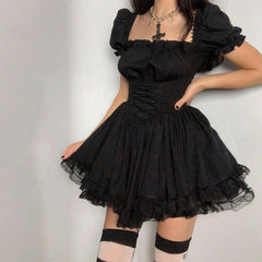 'Run Away' Black Puff Lace Dress