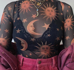 'Celestial Sunset' black mesh moon and star top