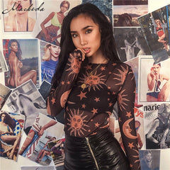 'Celestial Sunset' black mesh moon and star top