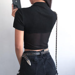 'Hit me up' Black Alt Mesh Crop Top