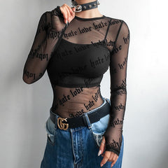 'Loves Me Not' Black Grunge Long Sleeve Mesh Top