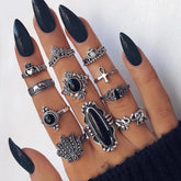 'Draculina' Black Silver Alternative 11pcs Ring Set