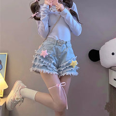 Frilly Denim Star Shorts And Chain