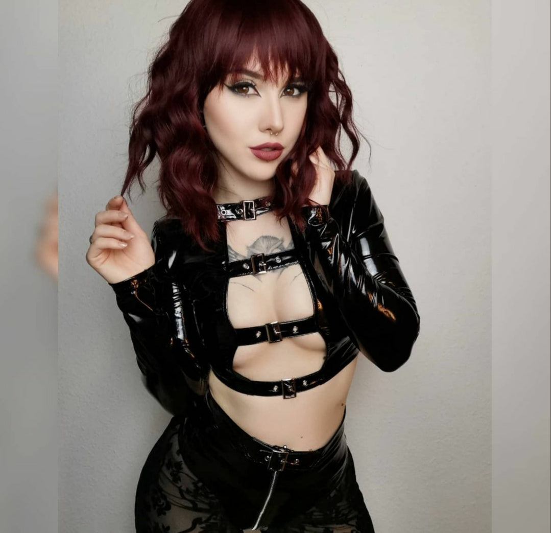 'Rebound' Black Patent Faux Leather Buckle Top