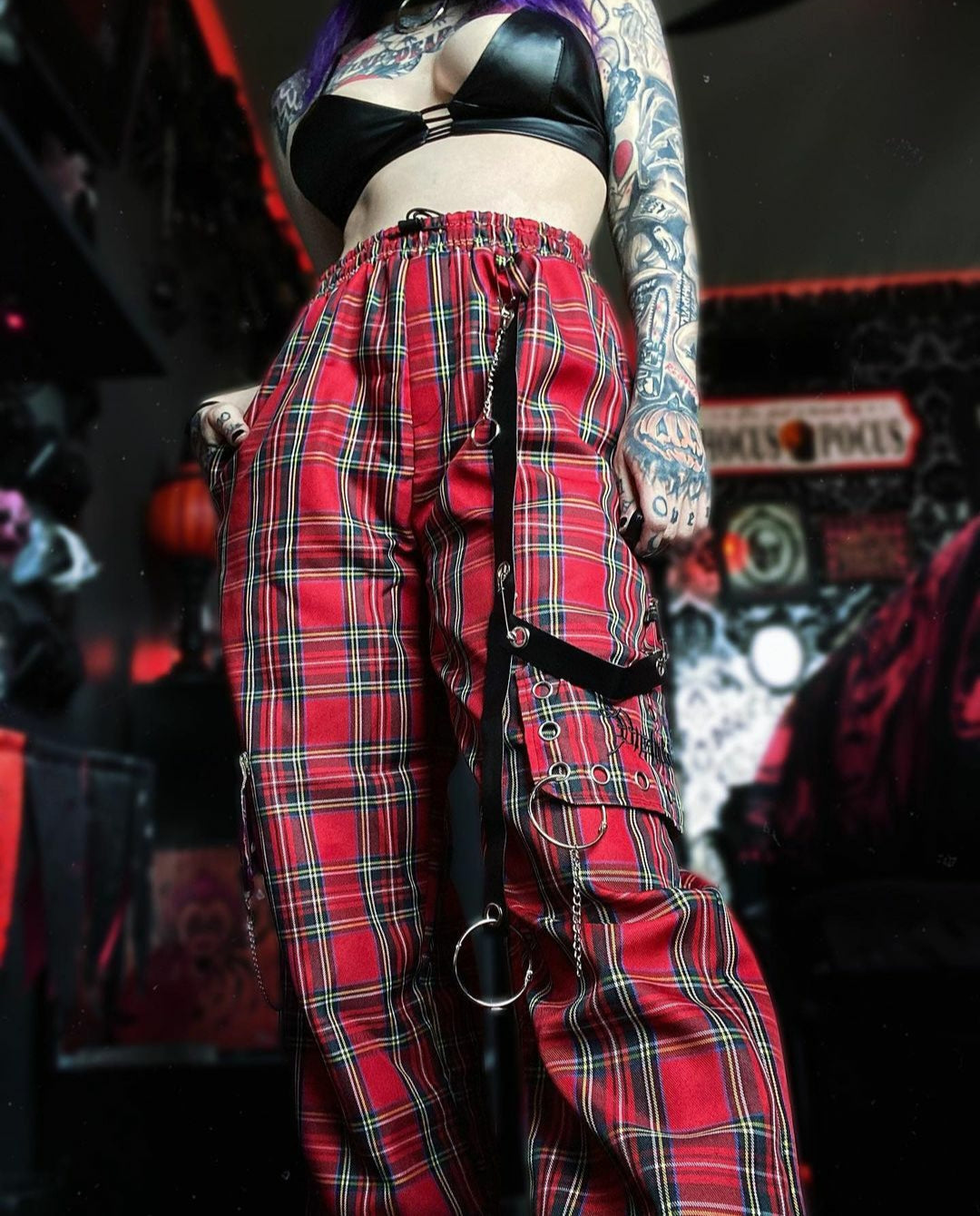 Goth 'Break Stuff' Red Grunge Plaid Cargo Pants