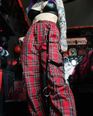 Goth 'Break Stuff' Red Grunge Plaid Cargo Pants