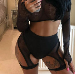 'Kiss of Death' Black High Waist Mesh Fishnet Suspender Garter Shorts