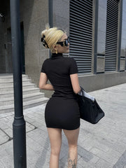 Classy Y2K Short Sleeve Half High Neck Mini Dress