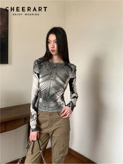 Cyber Y2K Armour Graphic Mesh Long Sleeve Top