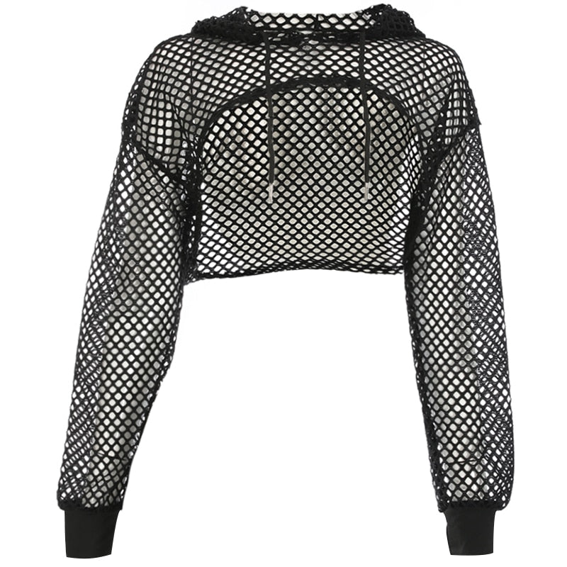 Goth 'Broke Down' Black Mesh Grunge Hooded Fishnet Crop Top