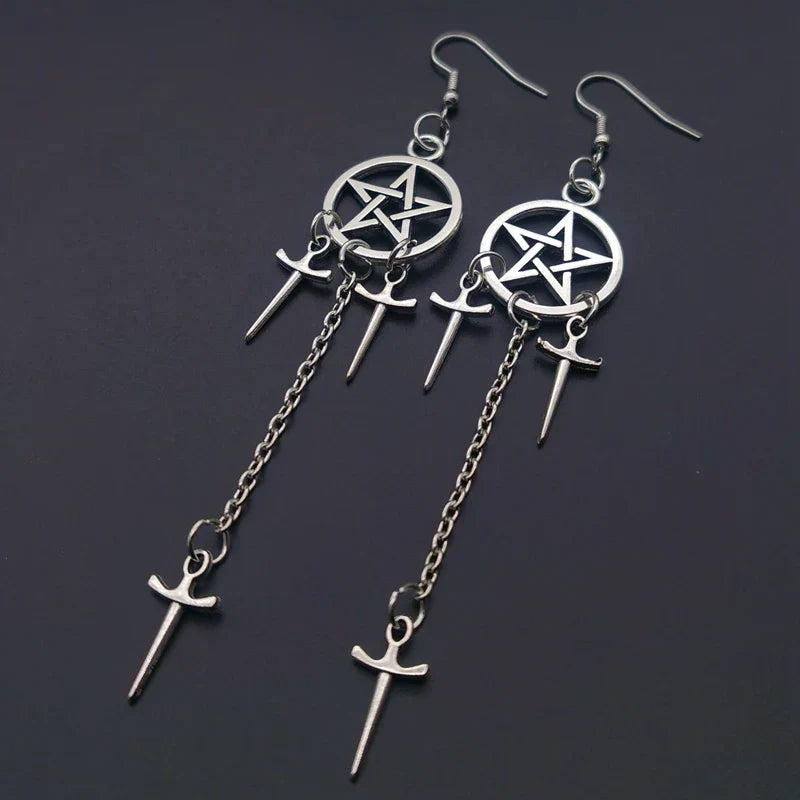 Pentagram Sword Silver Plated Earrings