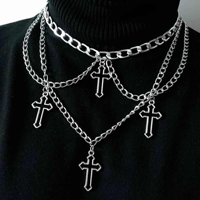 Grunge Multi Cross Chain Choker Necklace