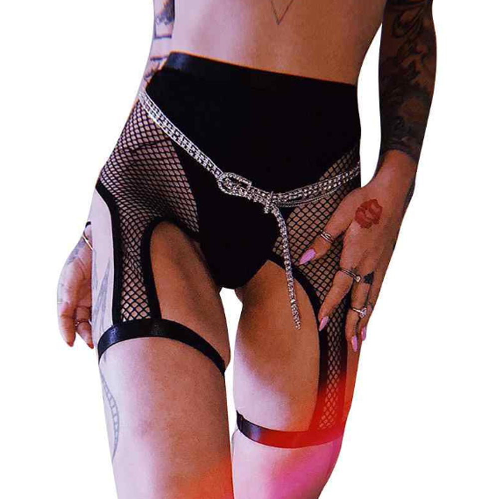 'Kiss of Death' Black High Waist Mesh Fishnet Suspender Garter Shorts