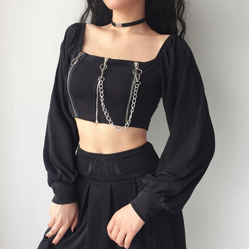 Goth 'Blaster' Black Chain Long Sleeve Top