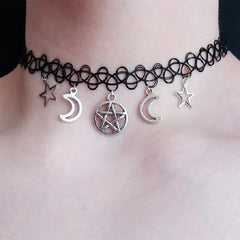 Goth Pentagram Moon Chain Choker