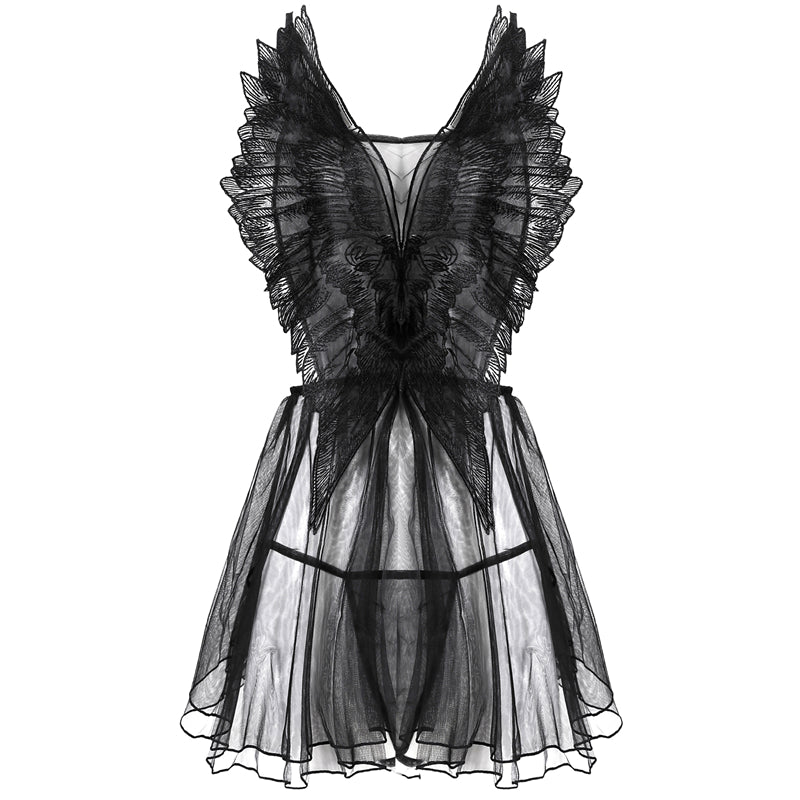 'Devil Beside You' Black Wing Mesh Lingerie Night Dress