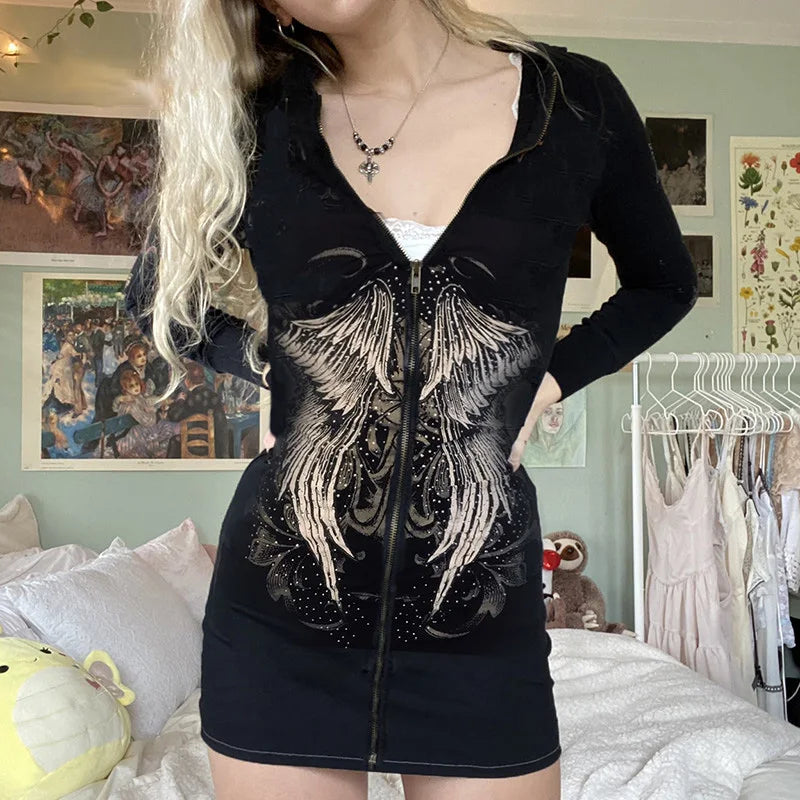 Black Fairycore Grunge Goth Print Hooded Dress