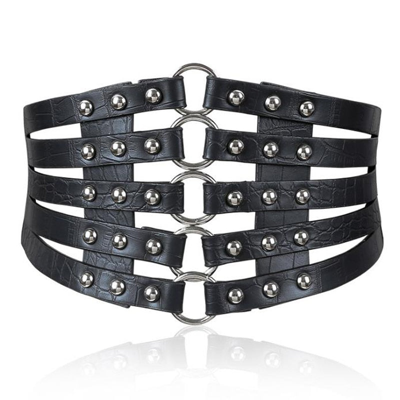 Black PU Fake Leather Metal Ring Belt