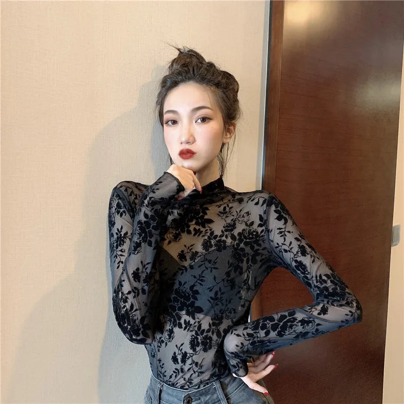 Gothic Alt Long Sleeve Mesh T-Shirts Top