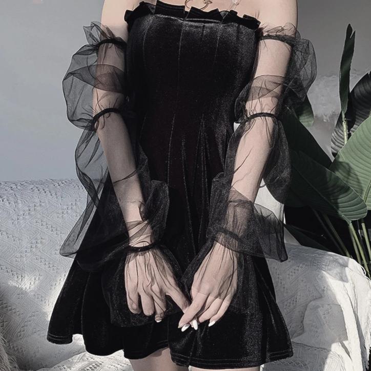 'Dark Queen' Black Grunge Mesh Bell Sleeved Dress