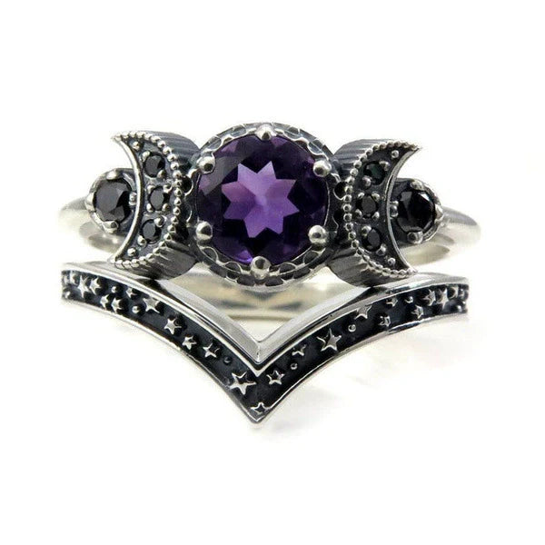 Gothic Triple Silver Multi Color Amethyst Ring