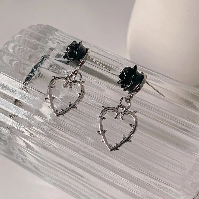 Gothic Black Rose Thorn Heart Drop Earrings