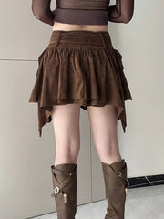 'Harvest Haze' Brown Velvet / Faux Suede A-Line Mini Belt Detail Skirt