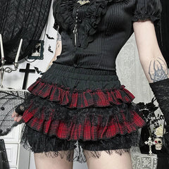 Goth Black Grunge Dark Plaid Lace Patchwork Skirt