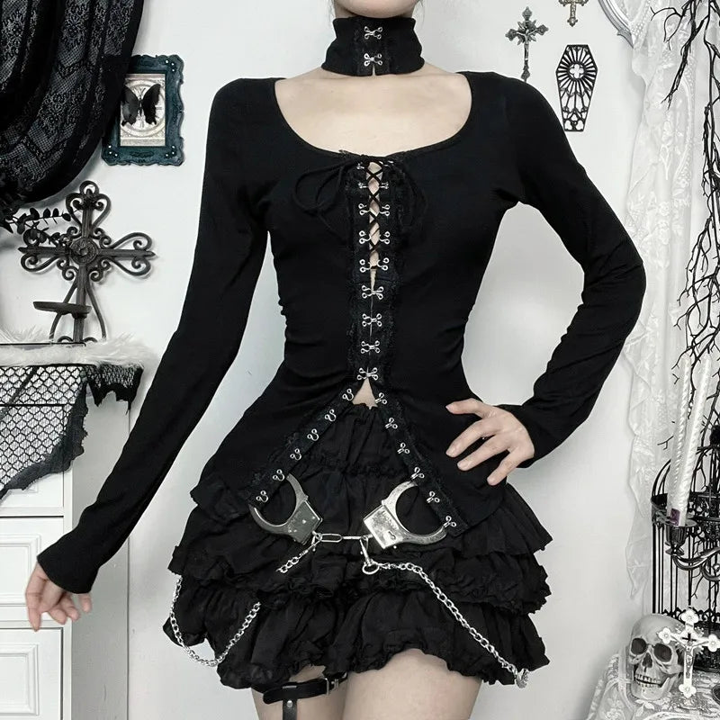 Goth 'Moonlit Spell' Black Hook & Eye Long Sleeved Top