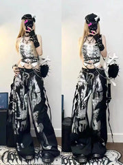 Black Alt Grunge Silver Painted Baggy Cargo Pants
