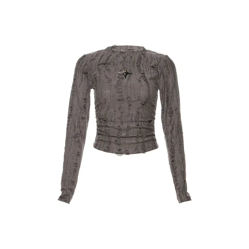 Grunge Goth Distressed Long-Sleeved Cropped Top