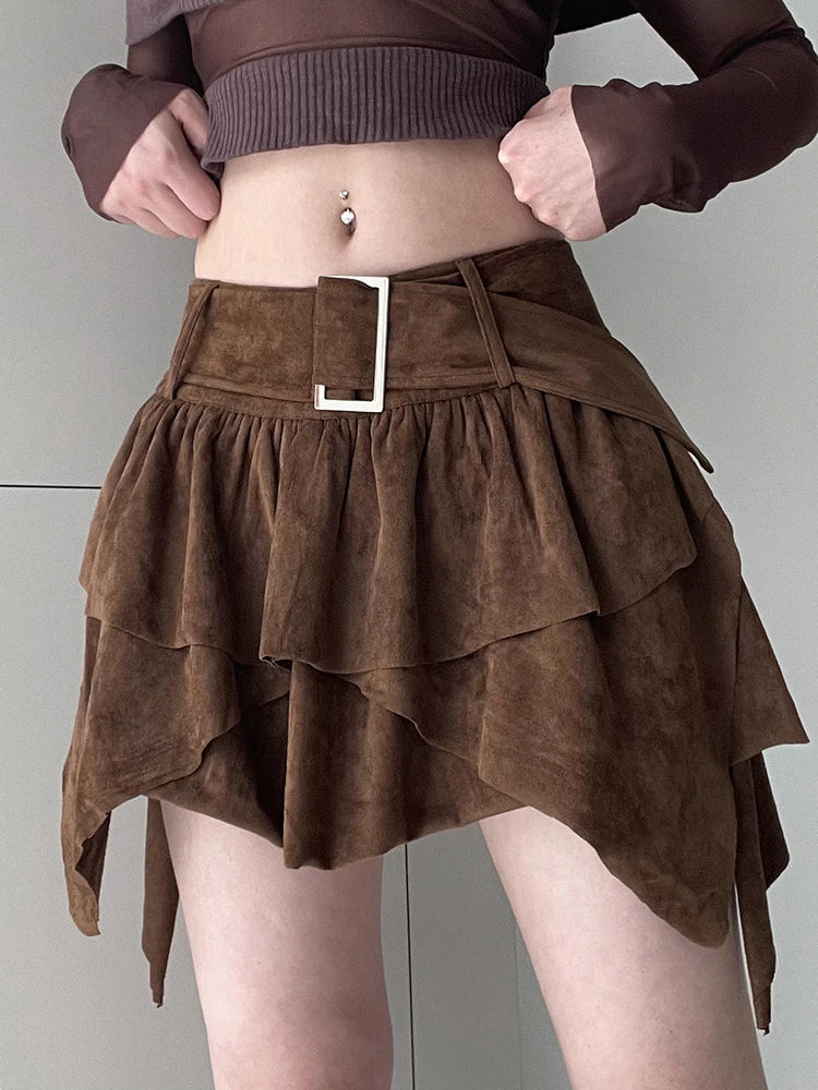 'Harvest Haze' Brown Velvet / Faux Suede A-Line Mini Belt Detail Skirt
